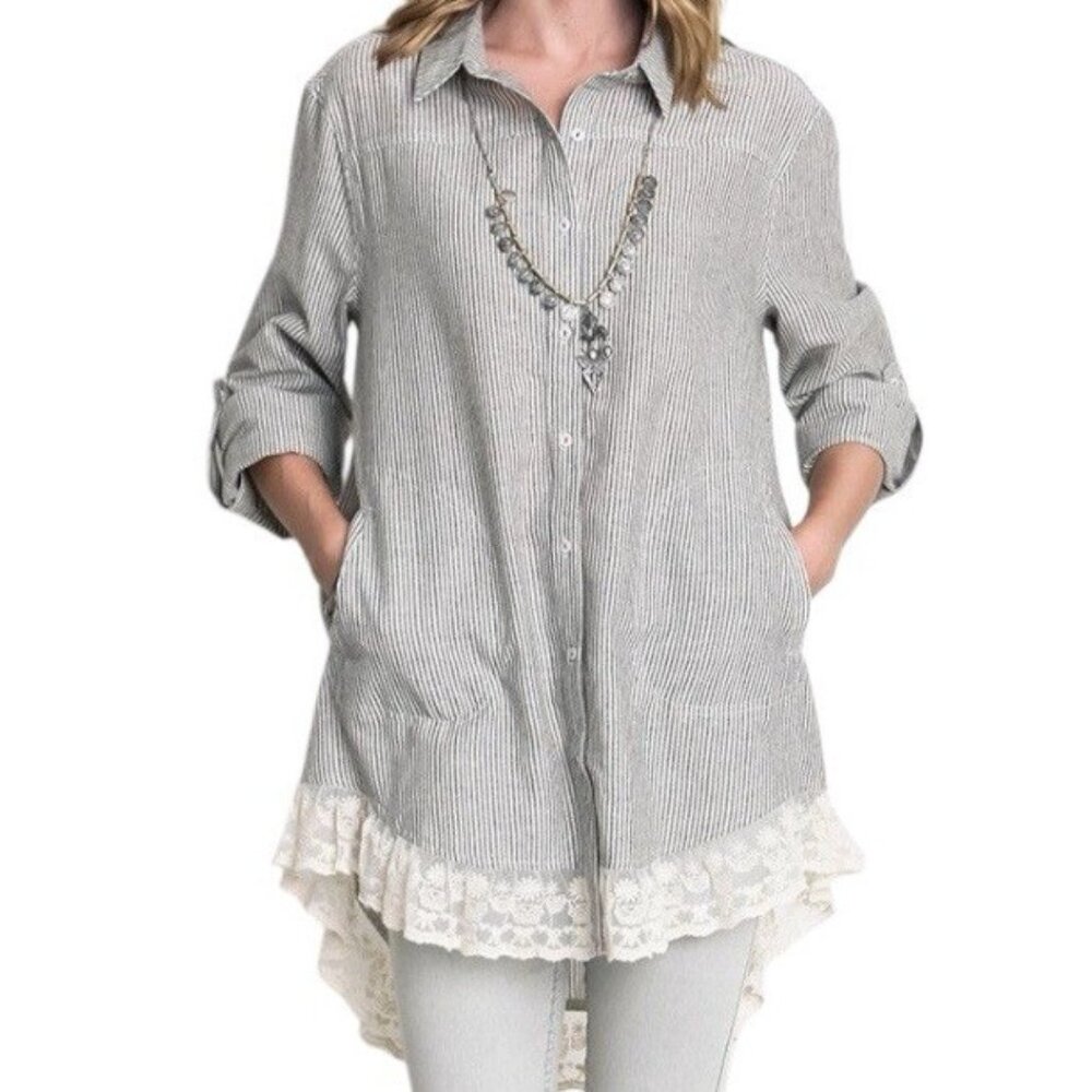 Umgee Gray Striped Button Up Lace Hem Cottagecore Boho Tunic Top Medium